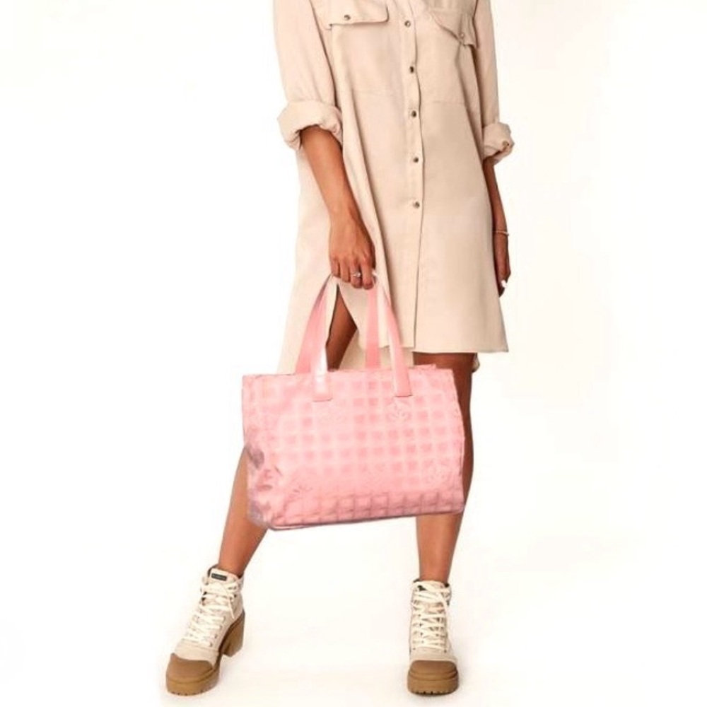 Authentic CHANEL travel line tote bag pink canvas